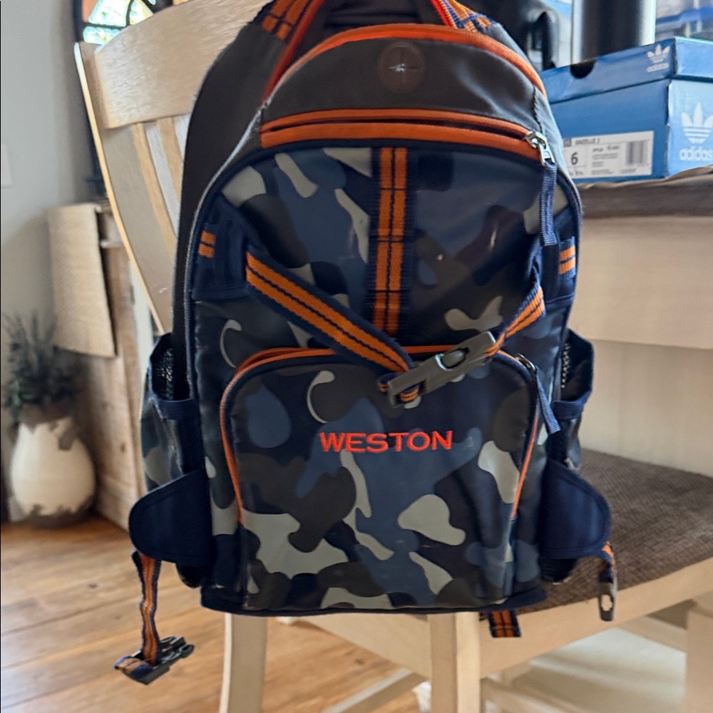 Custom name Pottery Barn kids Camouflage Backpack with Orange Accents